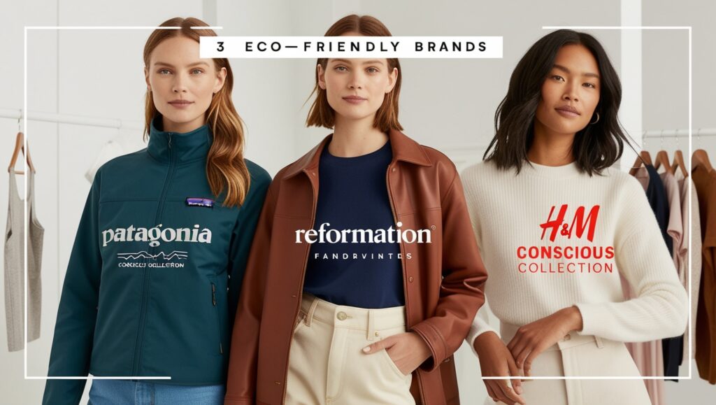 Stylish garments from eco-friendly brands Patagonia, Reformation, and H&M Conscious Collection displayed in a modern, minimalist setting.